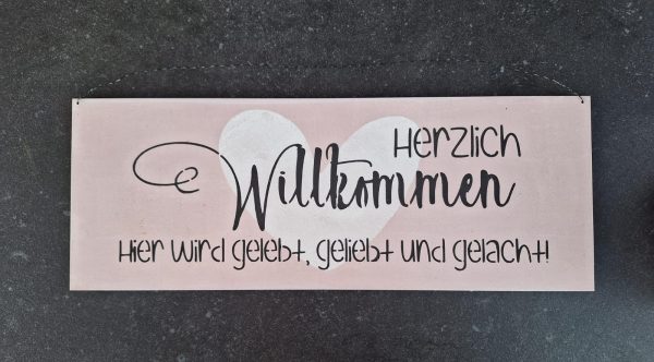 Holzschild Herzlich Willkommen rosa