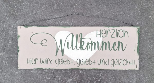 Holzschild Herzlich Willkommen taupe/avocado